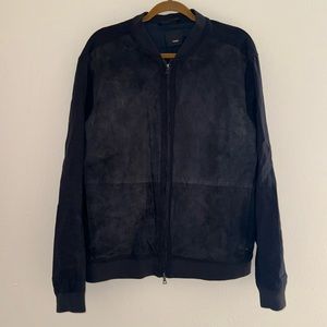 VINCE Jacket Mens S Suede Lamb Leather Bomber Linen Canvas Back Full Zip Blue